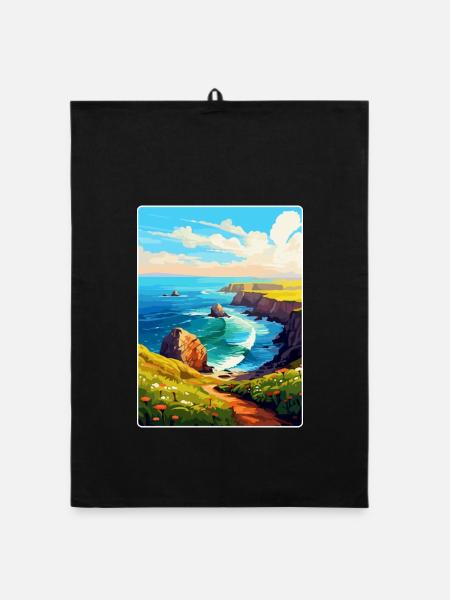 Lands End Cornouailles Angleterre Royaume-Uni Affiche de voyage WPA - Torchon bio - noir