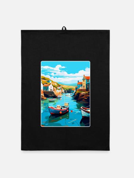 Port Issac England Uk Vintage Reiseposter WPA - Organic Geschirrtuch - Schwarz - Vorne