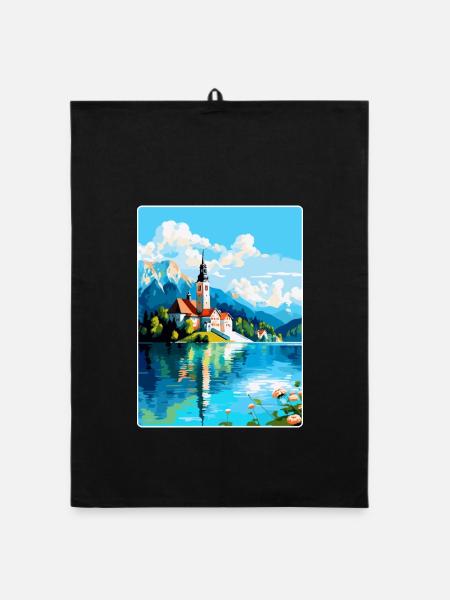 Lac de Bled, Slovénie, Affiche de voyage vintage, Souvenir - Torchon bio - noir - Devant
