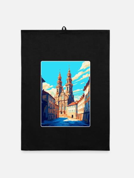 Santiago Spain Vintage Travel Poster Souvenir WPA - Organic dish towel - black - Front