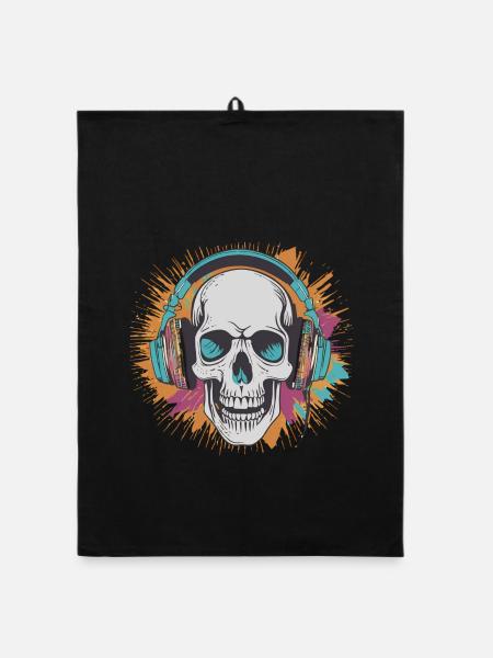 Totenkopf mit Kopfhörern - Organic Geschirrtuch - Schwarz - Vorne