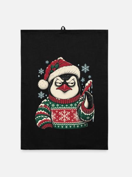 Grumpy Penguin Weihnachtspullover - Organic Geschirrtuch - Schwarz - Vorne