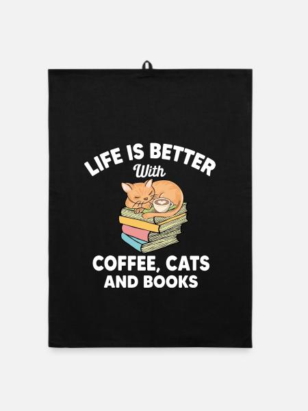 Ein besseres Leben mit Kaffee, Katzen und Büchern - Organic Geschirrtuch - Schwarz - Vorne