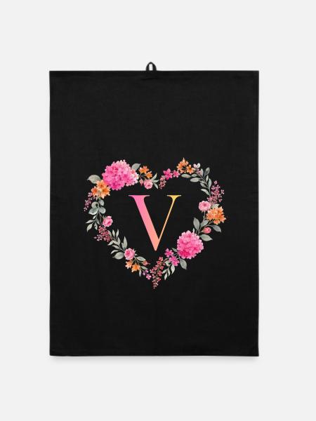 V Monogramm Blumen Herz personalisierbar - Organic Geschirrtuch - Schwarz - Vorne