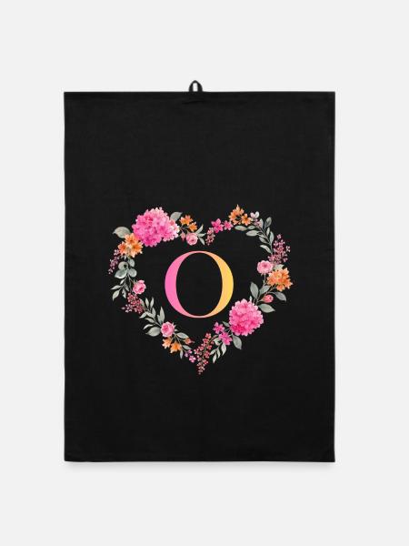 O Monogramm Blumen Herz personalisierbar - Organic Geschirrtuch - Schwarz - Vorne