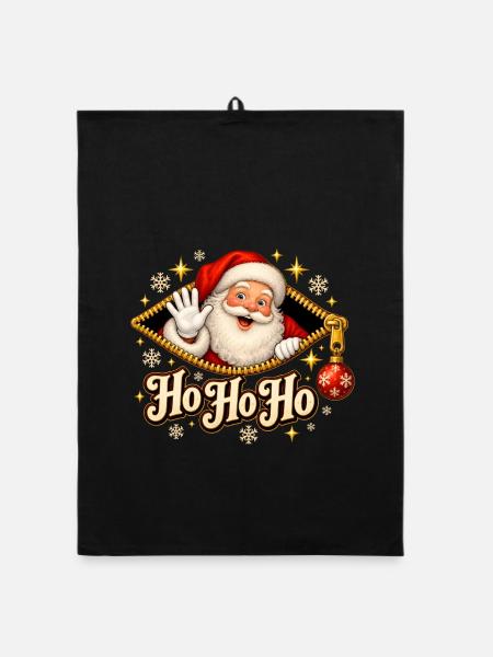Ho Ho Ho Weihnachtsmann im Reißverschluss - Organic Geschirrtuch - Schwarz - Vorne