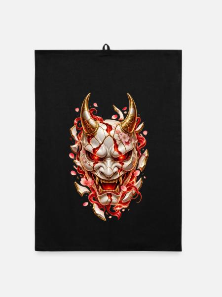Japanische Oni-Maske – Rissiges Porzellan - Organic Geschirrtuch - Schwarz - Vorne