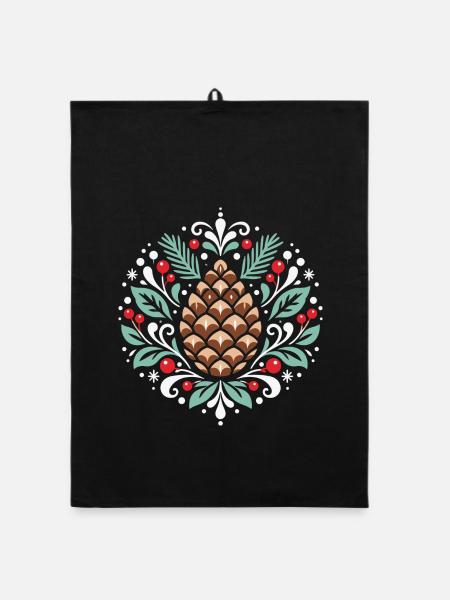 Tannenzapfen im winterlichen Ornament - Organic Geschirrtuch - Schwarz - Vorne