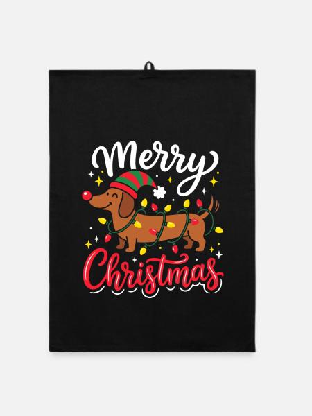 Dackel Weihnachten Merry Christmas Lichterkette - Organic Geschirrtuch - Schwarz - Vorne