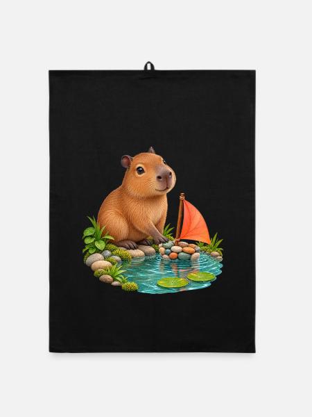 Kleines Capybara am Kieselboot - Organic Geschirrtuch - Schwarz - Vorne