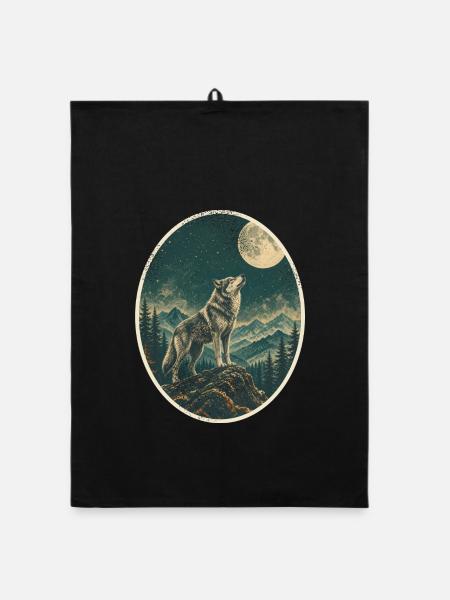 Wolf heult den Vollmond an – Vintage Wald - Organic Geschirrtuch - Schwarz - Vorne