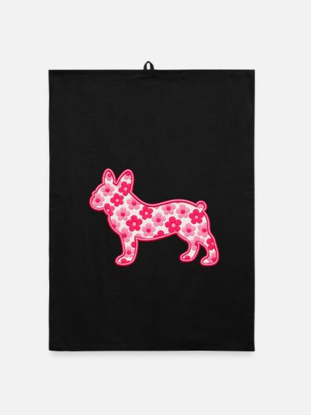 Florale französische Bulldoggen-Silhouette - Organic Geschirrtuch - Schwarz - Vorne