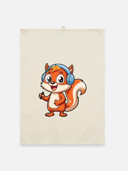 Squirrel Funny Cartoon Character Headphone Music - Organic dish towel - nature - Front