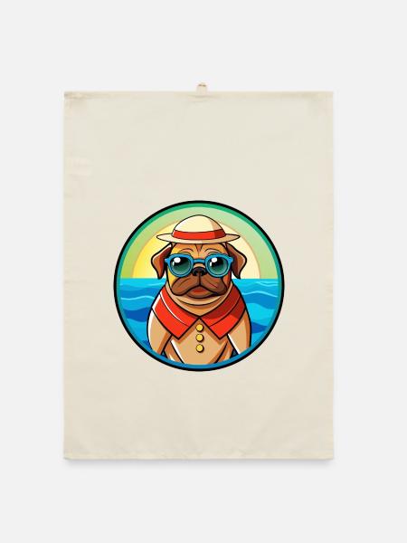 Mops Hund Lustig Cartoon Sommer Strand Sonnenbrille Cool - Organic Geschirrtuch - Natur - Vorne