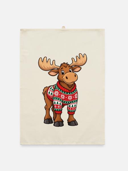 Weihnachtselch mit Pullover – Lustiger Comic Elch - Organic Geschirrtuch - Natur - Vorne