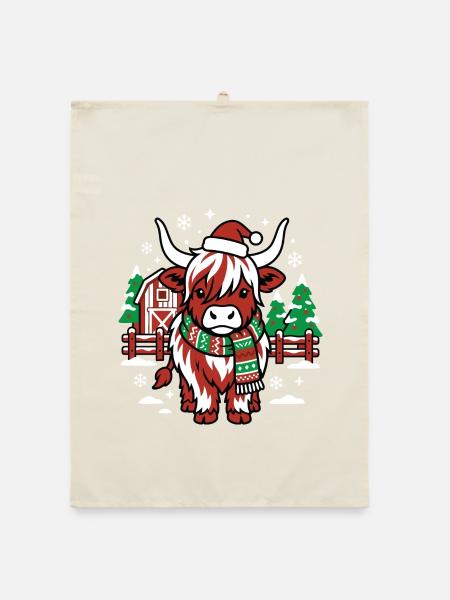 Rote Weihnachtsmannkuh auf Winter Farm - Organic Geschirrtuch - Natur - Vorne