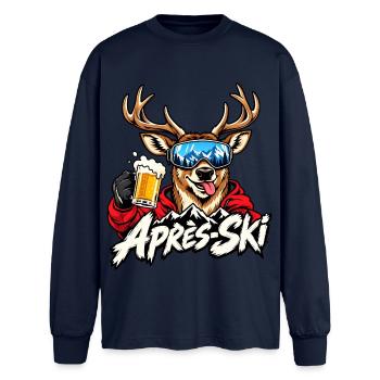 Après-Ski Hirsch Bier Skifahrer Party - Oversized Langarmshirt  - Navy - Vorne - AI Model Female 180 light (180cm)