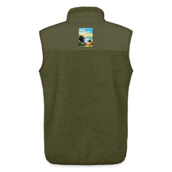 Hartland Quay Devon Vintage Travel Poster Souvenir - Unisex Sherpa Gilet by Stanley/Stella - khaki - Back - AI Model Male 178 light (178cm)