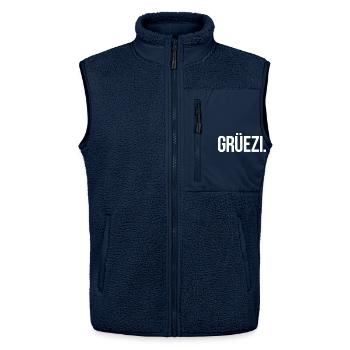 GRÜEZI. - Schlicht und Aussagekräftig - Unisex Sherpaweste von Stanley/Stella - Navy - Vorne - AI Model Female 172 light (172cm) & AI Model Male 178 light (178cm)