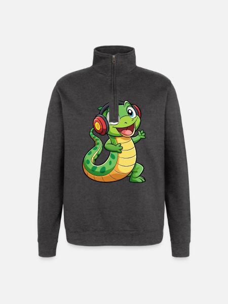 Snake Funny Cartoon Character Headphone Music - Quarter-Zip Sweatshirt - charcoal grey