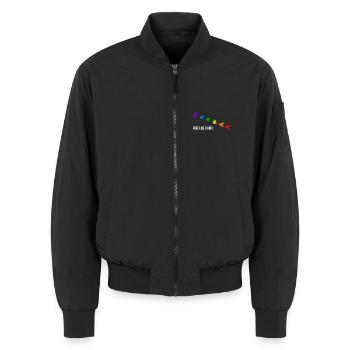Free like a bird, in Regenbogenfarben - Weiß - Unisex Bomberjacke - Schwarz - Vorne - AI Model Female 172 light (172cm) & AI Model Male 185 light (185cm)
