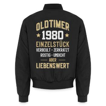 LUSTIG 46. GEBURTSTAG OLDTIMER 1980 EINZELSTÜCK - Unisex Bomberjacke - Schwarz - Hinten - AI Model Male 185 light (185cm)