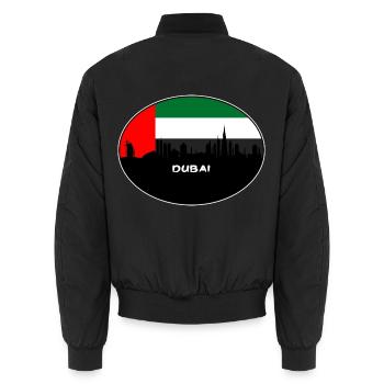 Dubai-Uae-Flaggen-Skyline-Schattenbild-Reise - Unisex Bomberjacke - Schwarz - Hinten - AI Model Male 185 light (185cm)