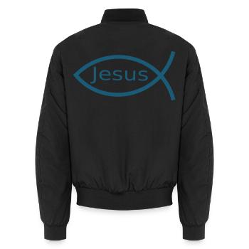 Blauer Jesusfisch Ichthys Jesus Fisch Geschenk  - Unisex Bomberjacke - Schwarz - Hinten - AI Model Male 185 light (185cm)