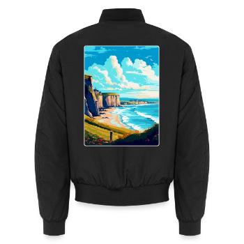 Normandy France Vintage Travel Poster Souvenir WPA - Unisex Bomber Jacket - black - Back - AI Model Male 185 light (185cm)