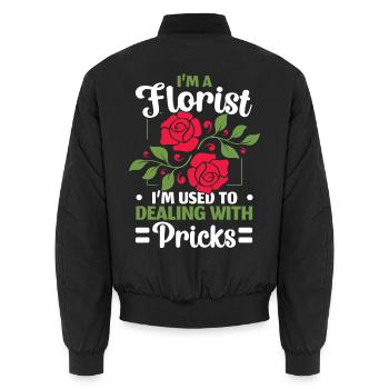 Ich bin Florist, ich bin gewohnt, mit Stichen umzu - Unisex Bomberjacke - Schwarz - Hinten - AI Model Male 185 light (185cm)