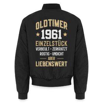 LUSTIG 65. GEBURTSTAG OLDTIMER 1961 EINZELSTÜCK - Unisex Bomberjacke - Schwarz - Hinten - AI Model Male 185 light (185cm)