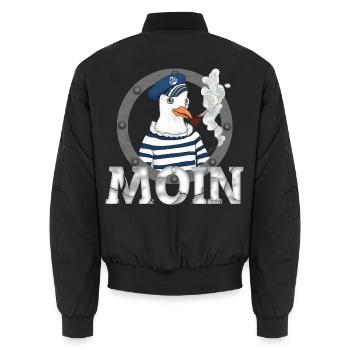 Moin Möwe – Seemann mit Pfeife Nordsee Shirt - Unisex Bomberjacke - Schwarz - Hinten - AI Model Male 185 light (185cm)