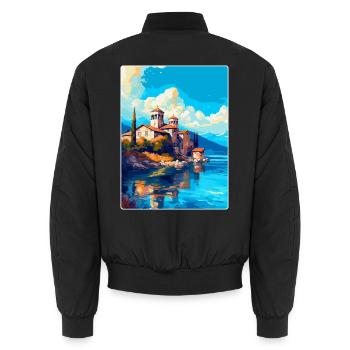 Ohrid North Macedonia Vintage Travel Poster WPA - Unisex Bomber Jacket - black - Back - AI Model Male 185 light (185cm)