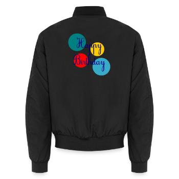 GEBURTSTAG. ALLES GUTE ZUM GEBURTSTAG. ALLES GUTE ZUM GEBURTSTAG. - Unisex Bomberjacke - Schwarz - Hinten - AI Model Male 185 light (185cm)