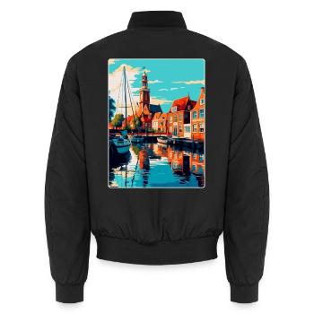 Enkhuizen Niederlande Vintage Reiseposter WPA - Unisex Bomberjacke - Schwarz - Hinten - AI Model Male 185 light (185cm)