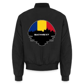 Bukarest Rumänien Flagge Skyline Silhouette Reisen - Unisex Bomberjacke - Schwarz - Hinten - AI Model Male 185 light (185cm)