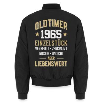 LUSTIG 61. GEBURTSTAG OLDTIMER 1965 EINZELSTÜCK - Unisex Bomberjacke - Schwarz - Hinten - AI Model Male 185 light (185cm)