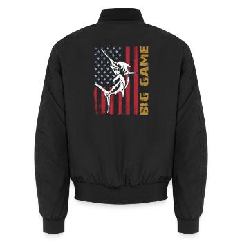 Jumping Marlin with US flag Deep Sea Fishing - Unisex Bomber Jacket - black - Back - AI Model Male 185 light (185cm)
