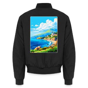 Mani Halbinsel Griechenland Vintage Reiseposter WPA - Unisex Bomberjacke - Schwarz - Hinten - AI Model Male 185 light (185cm)