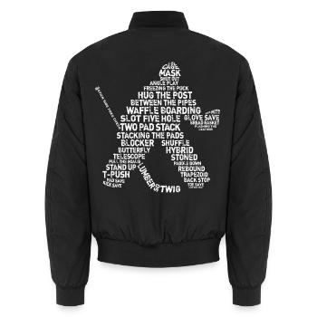 Goalie Lingo - Grunge Text-Version (white print) - Unisex Bomberjacke - Schwarz - Hinten - AI Model Male 185 light (185cm)