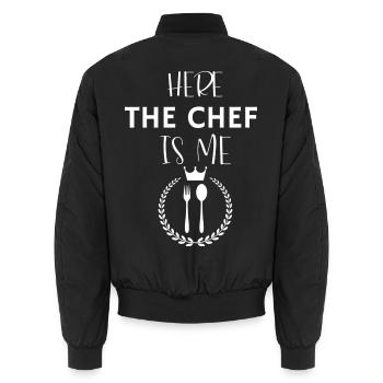 Küchenschürze hier der Küchenchef uns - Unisex Bomberjacke - Schwarz - Hinten - AI Model Male 185 light (185cm)