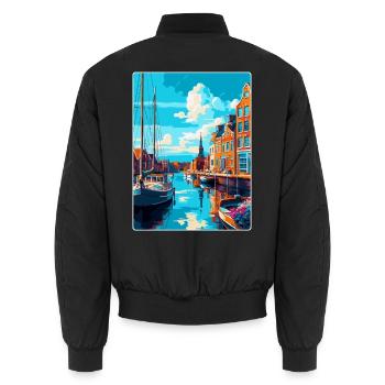 Dordrecht Niederlande Vintage Reiseposter WPA - Unisex Bomberjacke - Schwarz - Hinten - AI Model Male 185 light (185cm)