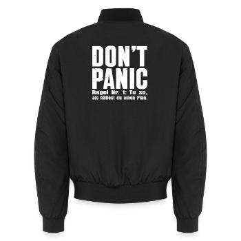 DON'T PANIC – The First Rule - Unisex Bomber Jacket - black - Back - AI Model Male 185 light (185cm)