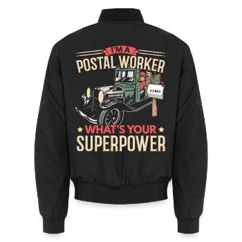 Ich bin ein Postangestellter Was ist deine Superkr - Unisex Bomberjacke - Schwarz - Hinten - AI Model Male 185 light (185cm)