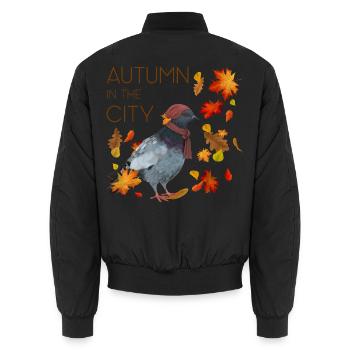 Autumn in the City - Herbsttaube mit Schal - Unisex Bomberjacke - Schwarz - Hinten - AI Model Male 185 light (185cm)