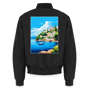 Porto Heli Griechenland Vintage Reiseplakat Souvenir - Unisex Bomberjacke - Schwarz - Hinten - AI Model Male 185 light (185cm)