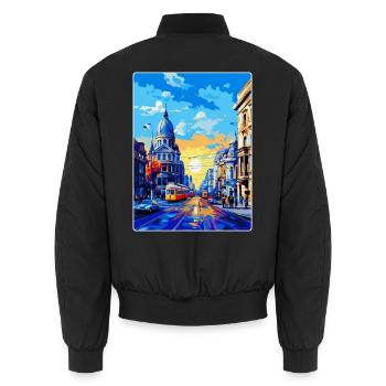 Bucharest Romania Vintage Travel Poster Souvenir - Unisex Bomber Jacket - black - Back - AI Model Male 185 light (185cm)