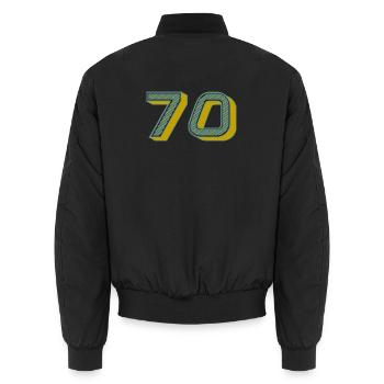 70. 70 YEARS. 70th ANNIVERSARY. 70 YEARS ANNIVERSARY. - Unisex Bomber Jacket - black - Back - AI Model Male 185 light (185cm)