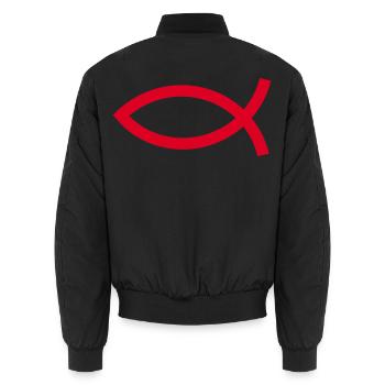  Jesusfisch rot Ichthys Jesus Fisch  - Unisex Bomberjacke - Schwarz - Hinten - AI Model Male 185 light (185cm)