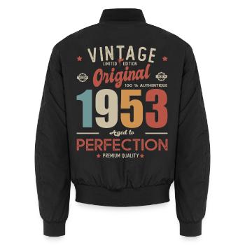 vintage original 1953 born in birthday 70 years - Unisex Bomber Jacket - black - Back - AI Model Male 185 light (185cm)